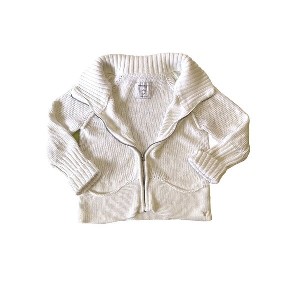 American Eagle Outfitters White Cotton Knit Zip Sweater With High Collar Pockets - Picture 13 of 13